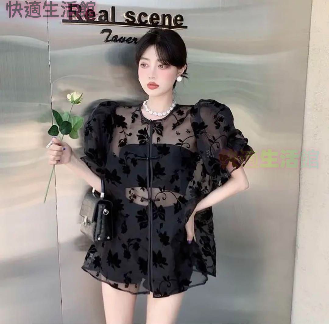新品 未使用 レディース ファッション系 韓国 服 レディース カーディガン 黒 シアー ボレロ トップス 半袖 花柄