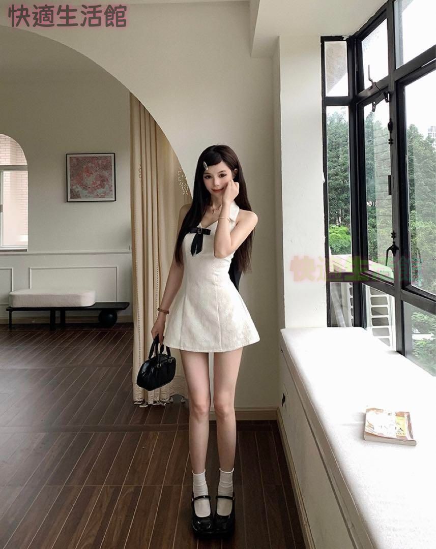 新品 未使用 レディース ファッション系 韓国 服 レディース ワンピース 白 ノースリーブ リボン ミニドレス 白 人気