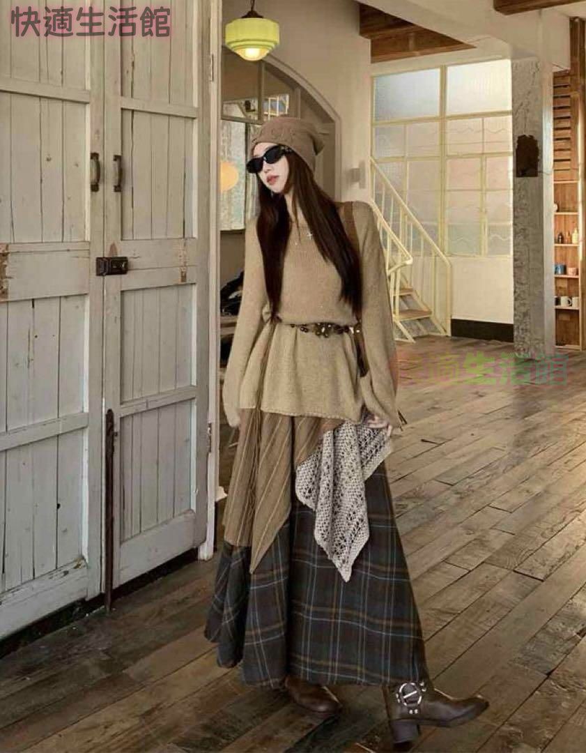 新品 未使用 レディース ファッション系 韓国 服 レディース スカート ブラウン チェック柄 ロングスカート シアー 5,021円