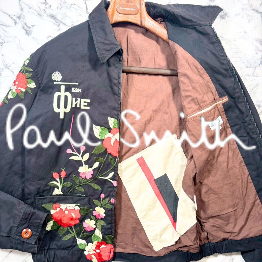 花柄刺繍/ドリズラー型(L位)●Paul Smith ポールスミス スウィングトップ ジャケット ブルゾン ブラック 黒 メンズ ジップ フラワー 綿