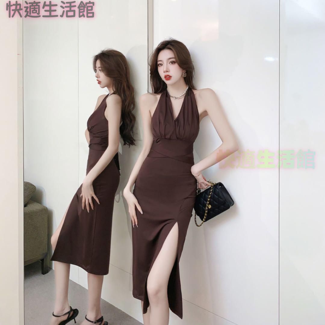 新品 未使用 レディース ファッション系 韓国 服 レディース ワンピース ブラウン ロングドレス スリット キャバドレス