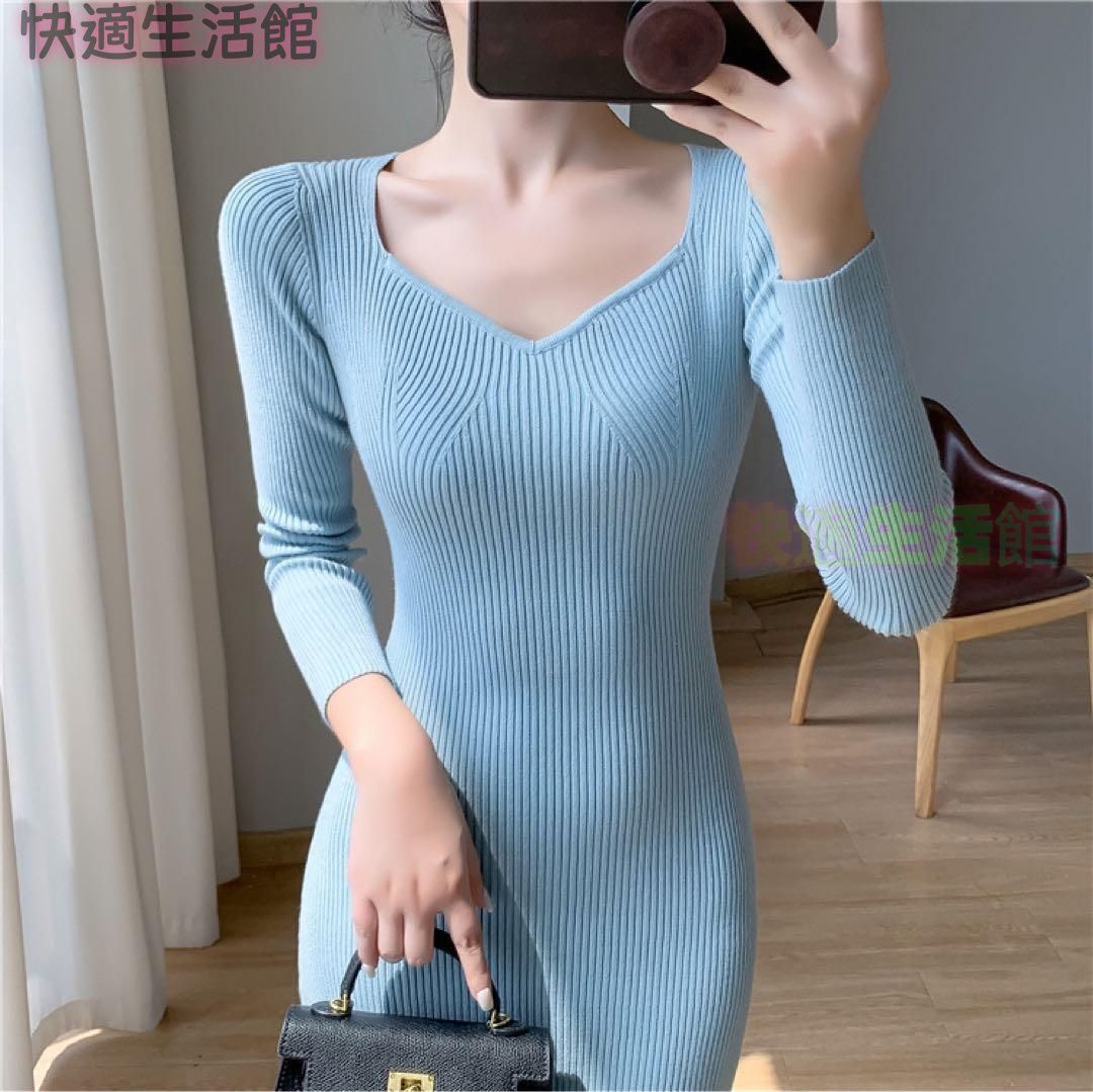 新品 未使用 レディース ファッション系 韓国 服 レディース ワンピース 水色 ロングワンピース 青 ニット 長袖