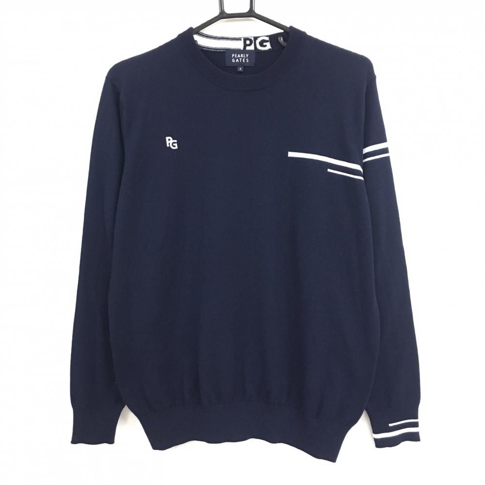【超美品】パーリーゲイツ セーター ネイビー×白 袖ロゴ ニット メンズ 4(M) ゴルフウェア 2024年モデル PEARLY GATES