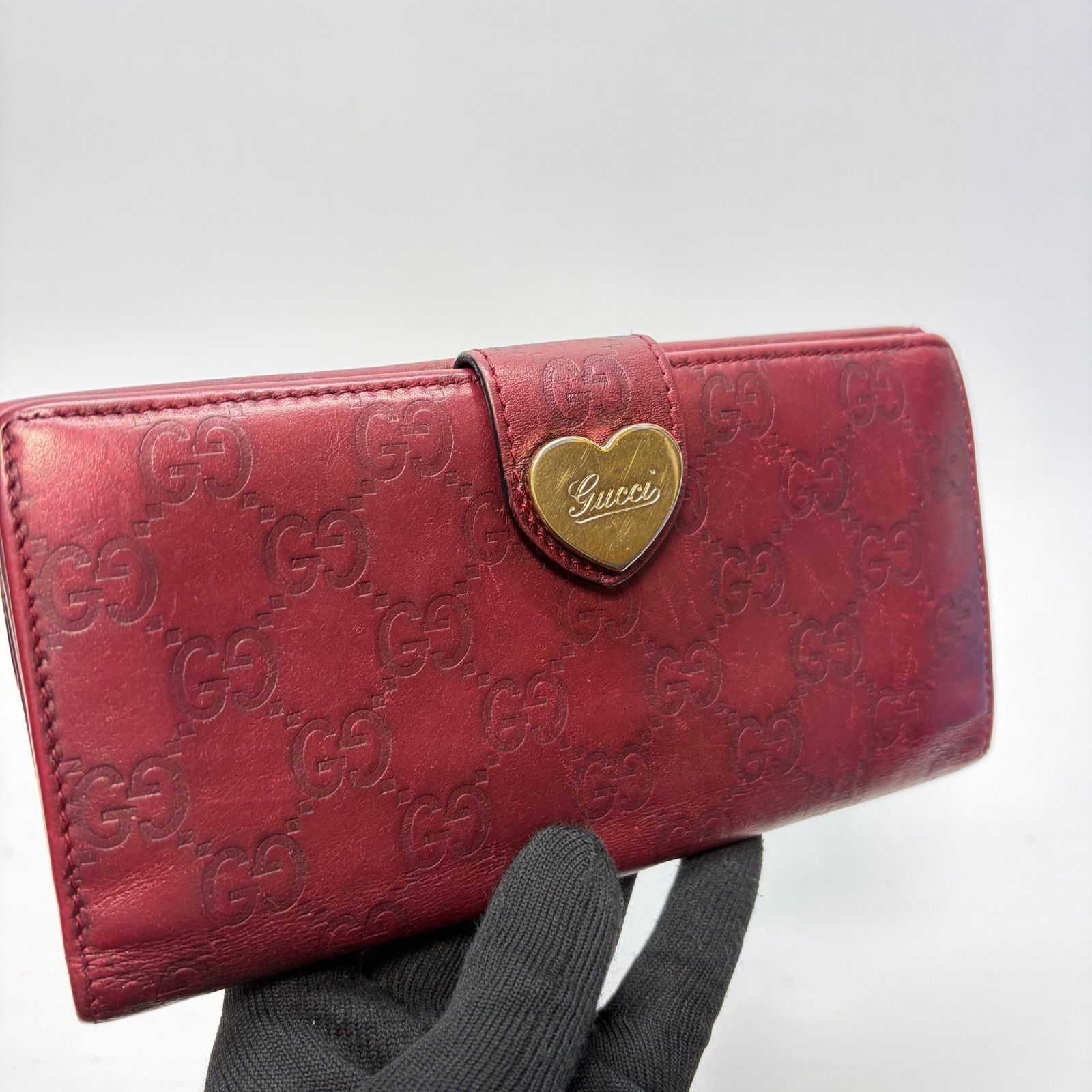 4499 GUCCI グッチ 長財布 レッド レザー wホック シマレザー - メルカリ