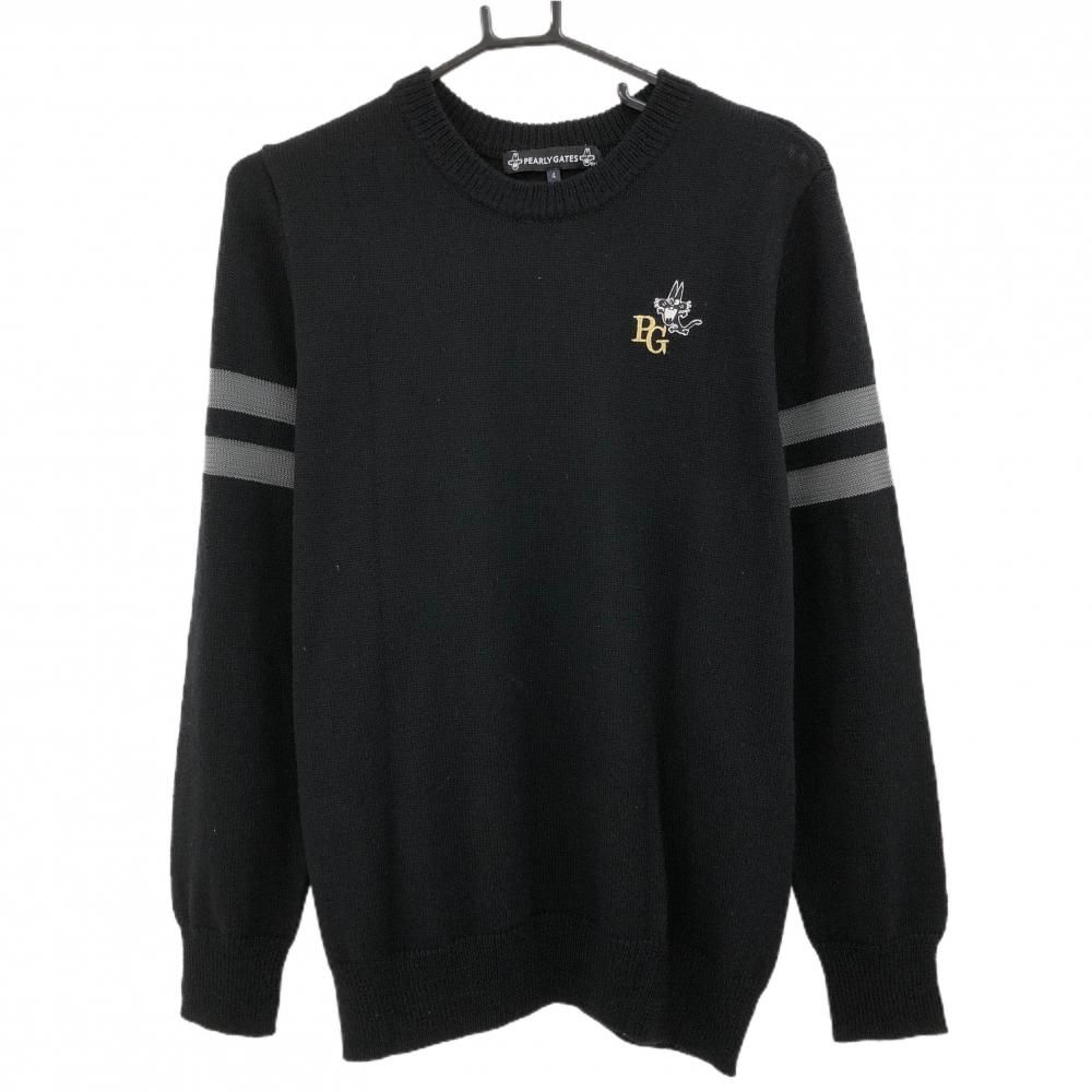 【美品】パーリーゲイツ×ニャロメ セーター 黒×白 袖2ライン ウール混 ニット メンズ 4(M) ゴルフウェア PEARLY GATES