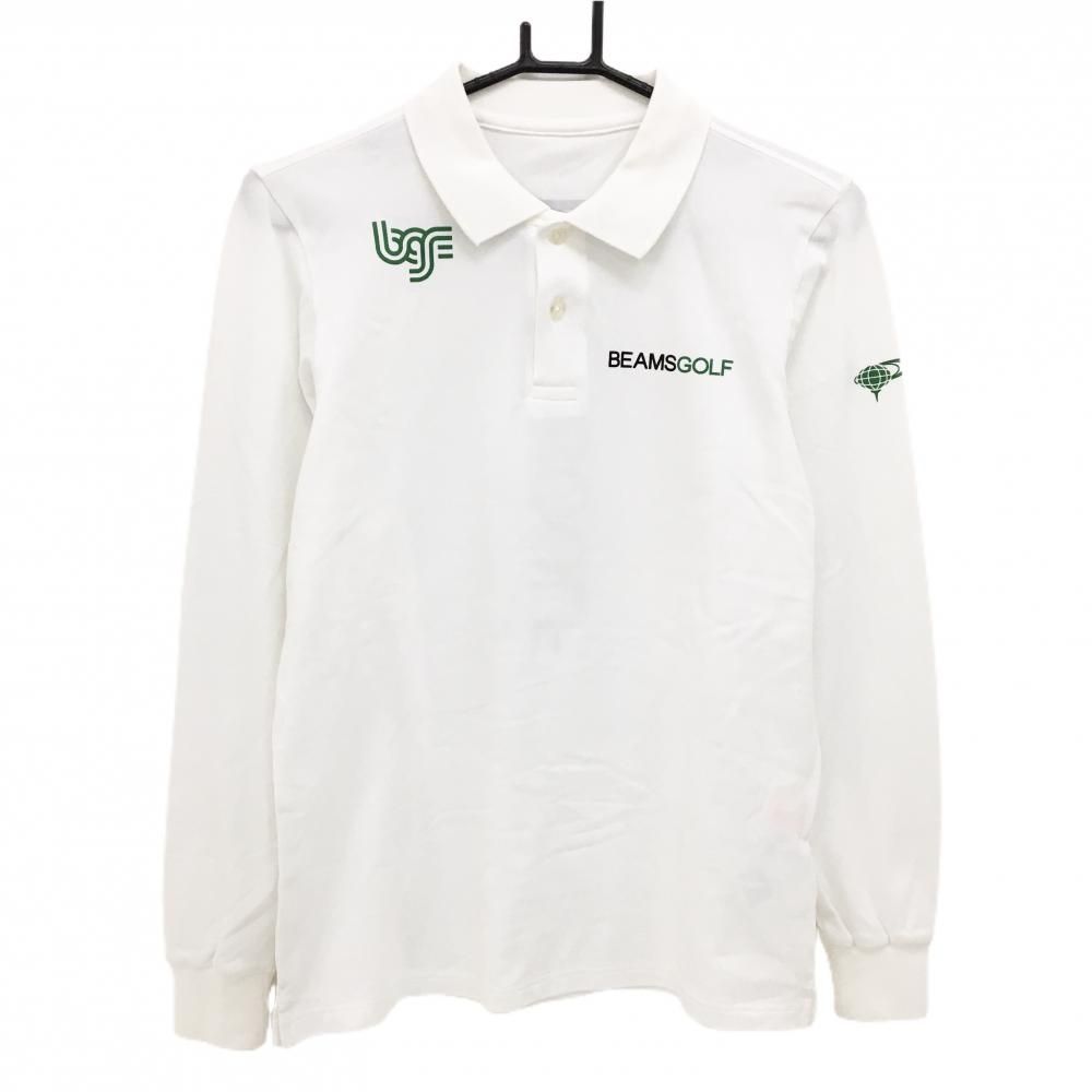 【美品】ビームスゴルフ 長袖ポロシャツ 白×グリーン 背面ロゴ メンズ S ゴルフウェア BEAMS GOLF