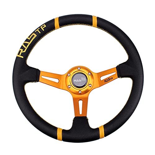 【新品】MUTEKI ステアリング ハンドル 直径350mm 軽量アルミニウム レザー 車用 交換 ディープコーン レザー刺繍 ホーンボタン付き 汎用 （金） 7d7e0be9