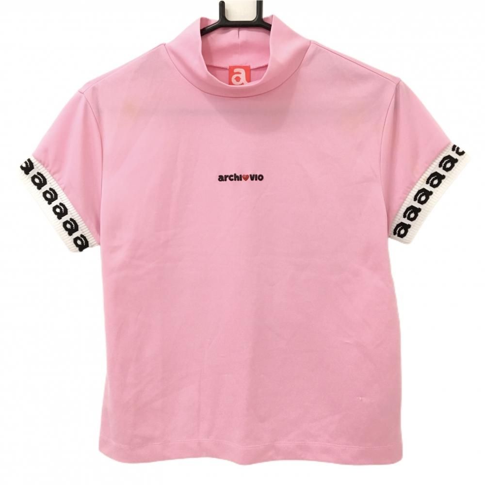 アルチビオ 半袖ハイネックシャツ ピンク×白 袖口ロゴ レディース 38(M