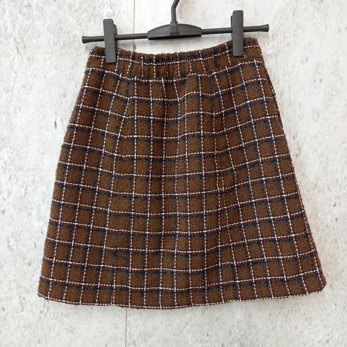 OLIVE des OLIVE オリーブデオリーブ ツイード さしこチェック 前ZIP スカート 膝上 ブラウン Fサイズ ◎_◇〇☆