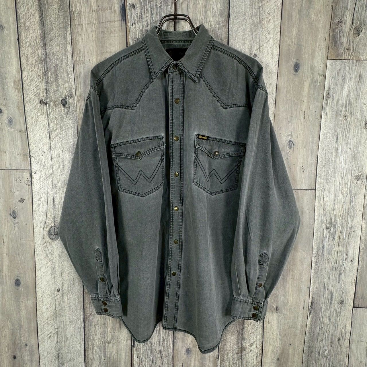OLD Wrangler 90s ラングラー AUTHENTIC WESTERN グレー フェードブラック 長袖 コットン ウエスタン シャツ メンズ L サイズ