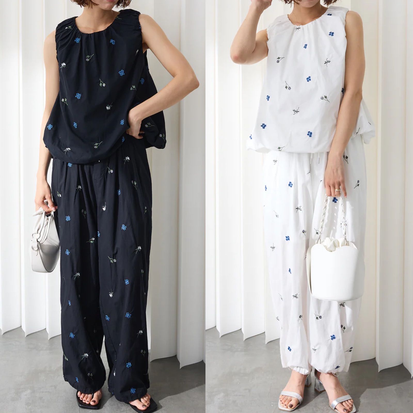 刺繍ローンバルーンヘムブラウス+フラワー刺繍ローンイージーパンツ(2set) Frene フラーネ同型 セットアップ 2点セット ノースリーブ ワイドパンツ イージーパンツ 上下セット