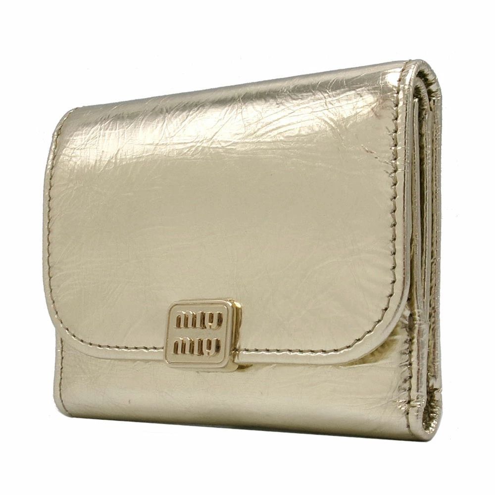 【新品】ミュウミュウ 財布 三つ折り財布 MIU MIU メタリック ロゴ スモール ウォレット 9Y2DUW PELLETTERIA COLORI V ARI (ゴールド系)アウトレット レディース 送料無料