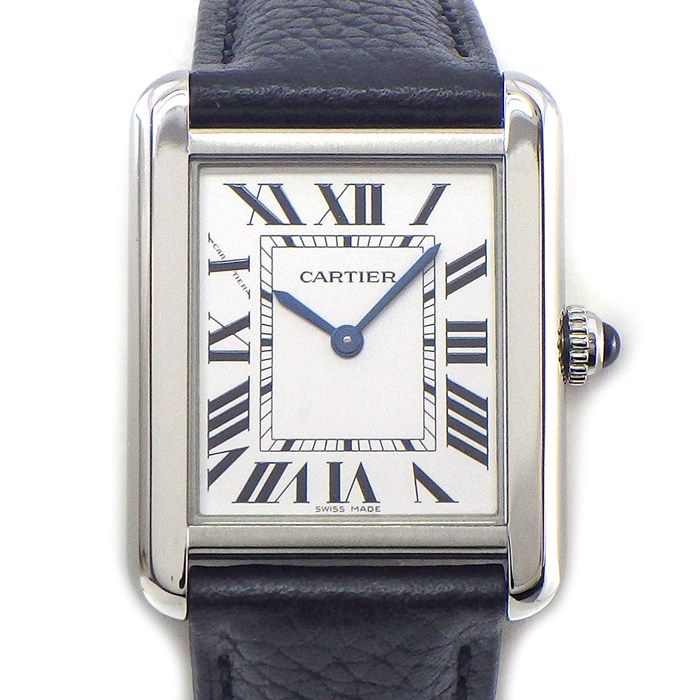 カルティエ Cartier 腕時計 タンク ソロ SM WSTA0030 レクタンギュラー シルバー文字盤 ローマンインデックス ブラック 牛革ベルト SS クオーツアナログ 【箱・保付き】 【中古】