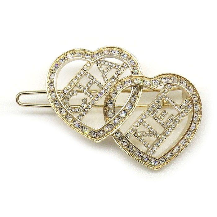 シャネル CHANEL ヘアクリップ ダブル ハートモチーフ F23B 2023年製 ラインストーン GP 【中古】