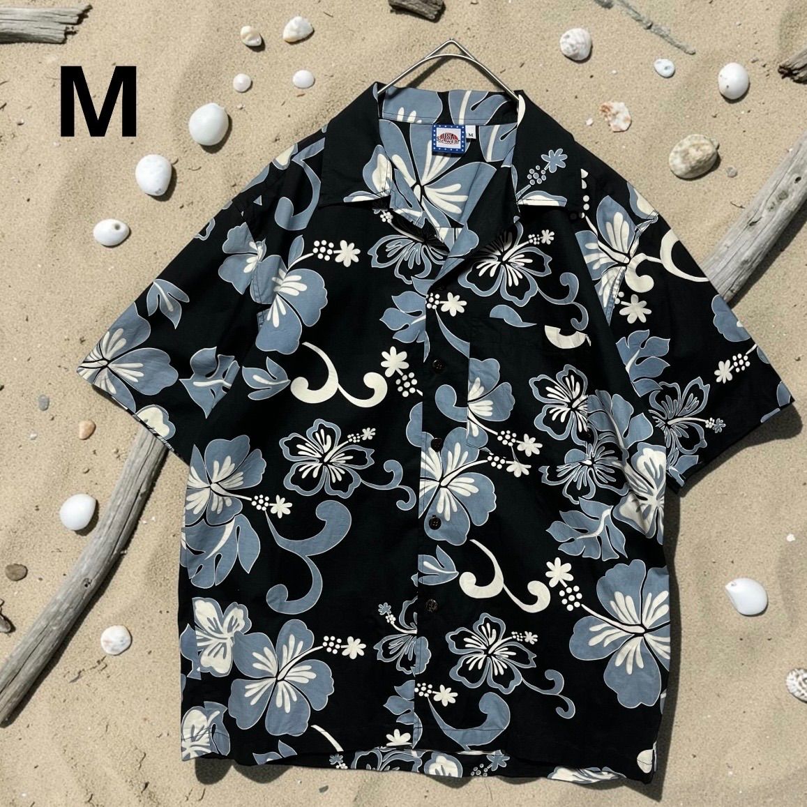 USA Sunwear アロハシャツ M ブラック ハイビスカス 総柄 コットン 半袖 開襟 ハワイアンシャツ 花柄 リゾート 古着 メンズ レディース