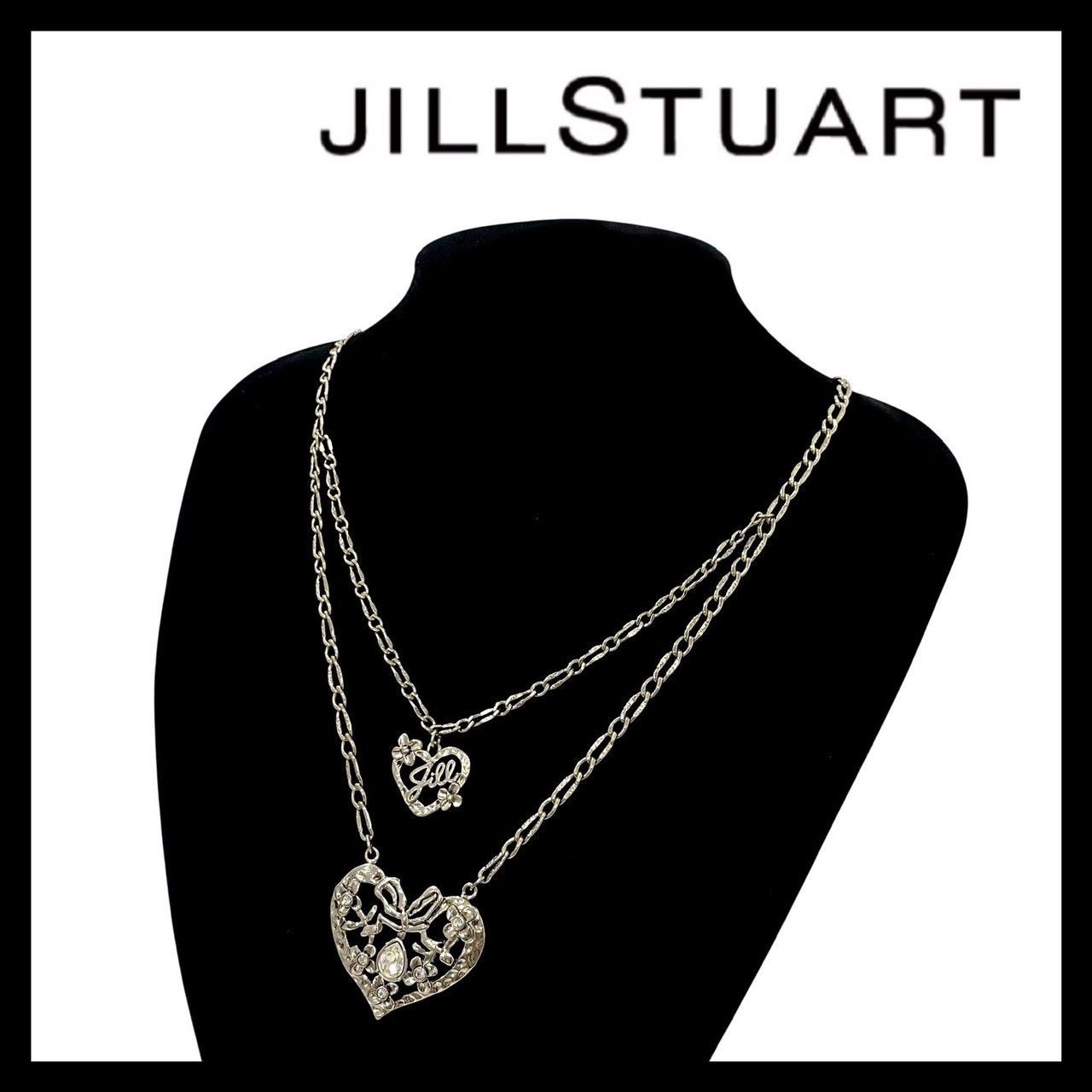 JILL STUART】ハート 2連 ロング ネックレス クリアストーン シルバー 