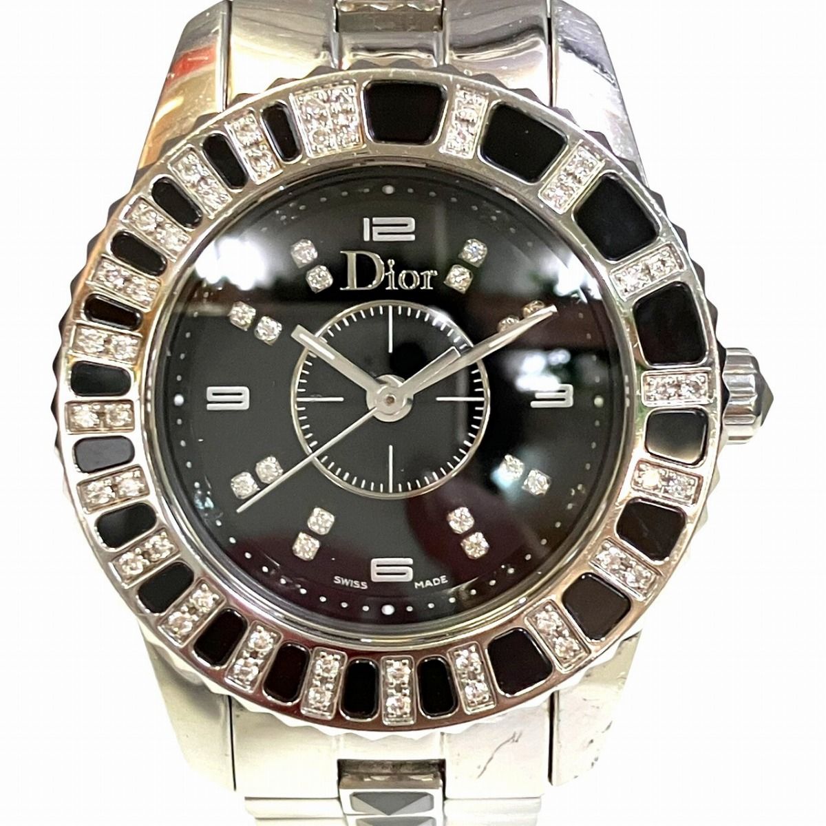 クリスチャンディオール Christian Dior クリスタル　ダイヤベゼル 腕時計 総重量約75.8g SS SS クオーツ ブラック文字盤 CD112116M001 レディース