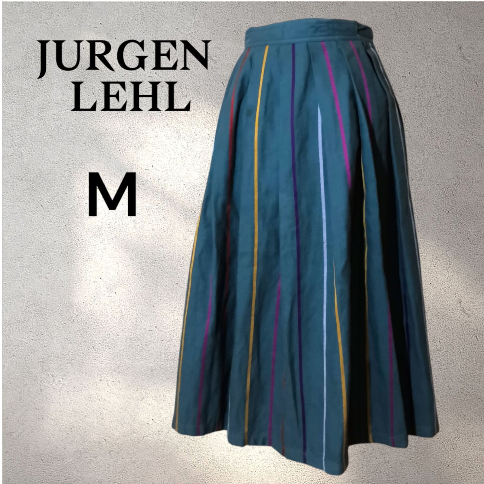 JURGEN LEHL ヨーガンレール 巻きスカート風ストライププリーツロングスカート M グリーン