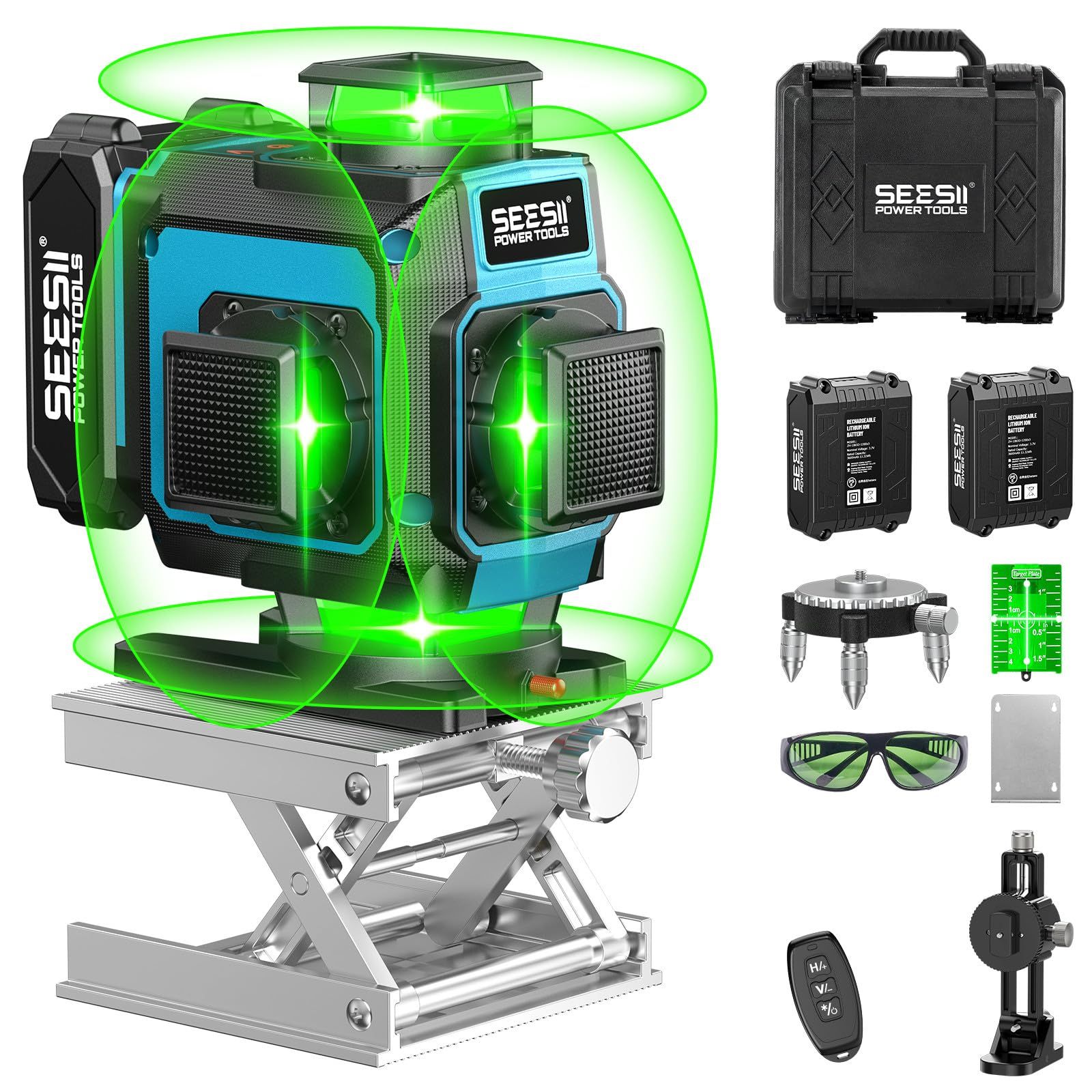 SEESII レーザー墨出し器 グリーンレーザー 水平器 4x360° 16ライン フルライン 電量LCDディスプレー搭載 レーザーレベル 水準器ツール 緑色 回転レーザー線 小型 コンパクト 自動補正 高輝度 高精度 高出力 受光器対応 軽 768984ff