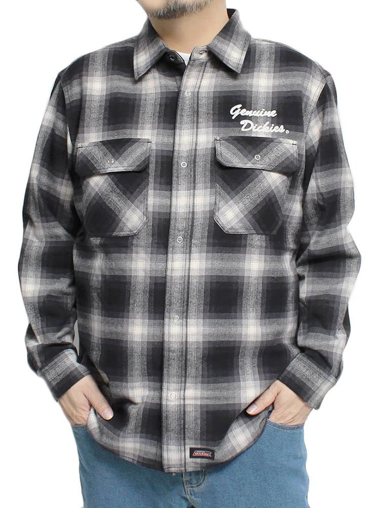 新品 ジェニュイン ディッキーズ(GENUINE Dickies) チェックシャツ メンズ 大きいサイズ 刺繍 ロゴ ワーク 長袖シャツ 4L ブラック(49)