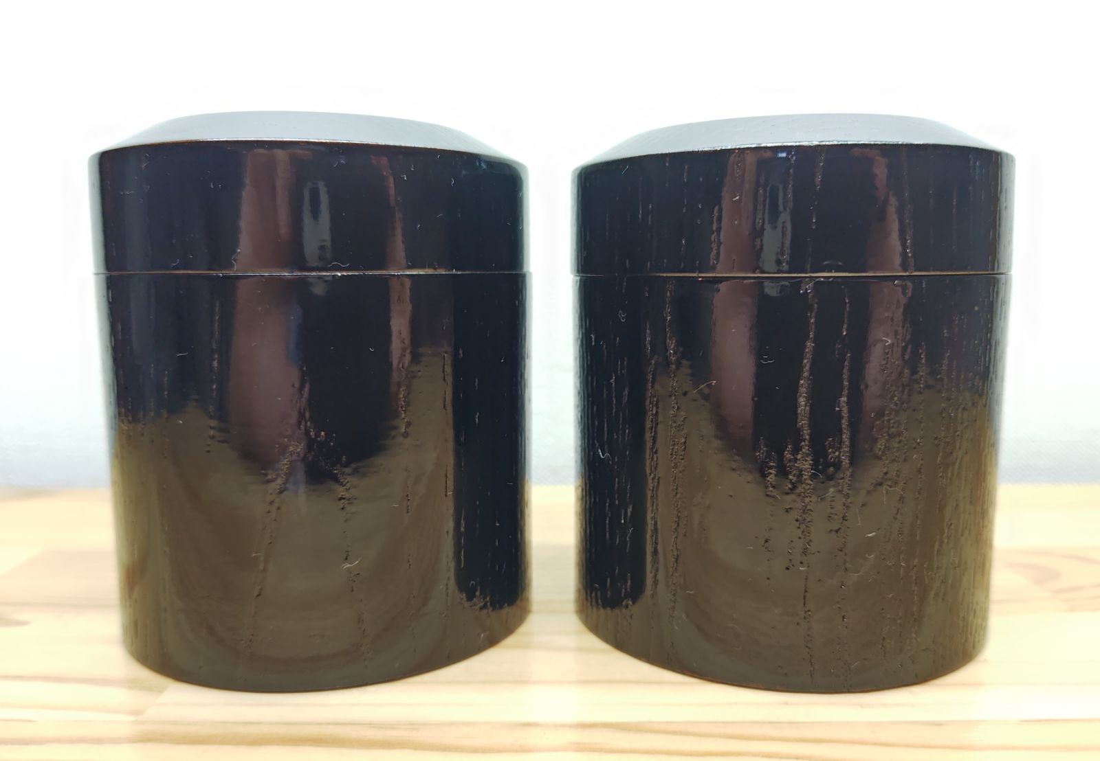 逢絢亭・中古品】茶道具 口切道具 詰茶入 柿合塗 一双セット 黒塗 木製