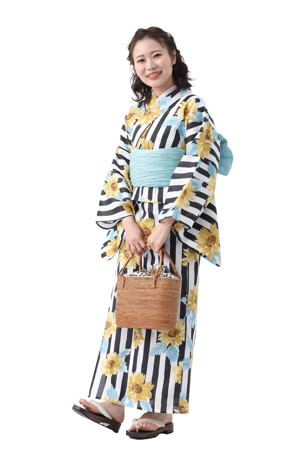 新品 [たゆたふ / TAYU-TAFU] セパレート浴衣 帯 2点 セット レディース 簡単 着付け 二部式 浴衣 ゆかた 綿 兵児帯 へこ帯 かわいい おしゃれ 夏用着物 Sサイズ A 縦縞ひまわり
