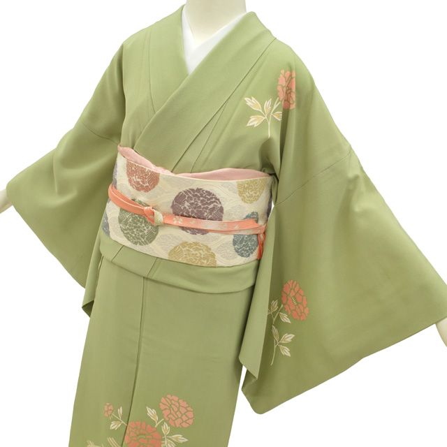中古】 訪問着 着物 リサイクル 袷 正絹 フォーマル 薄抹茶色 ライト