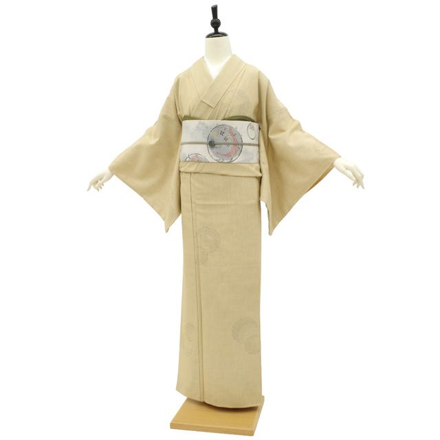 新古品】 結城玉紬 袷 着物 未使用 正絹 榛色 ベージュ系 雪輪 80亀甲