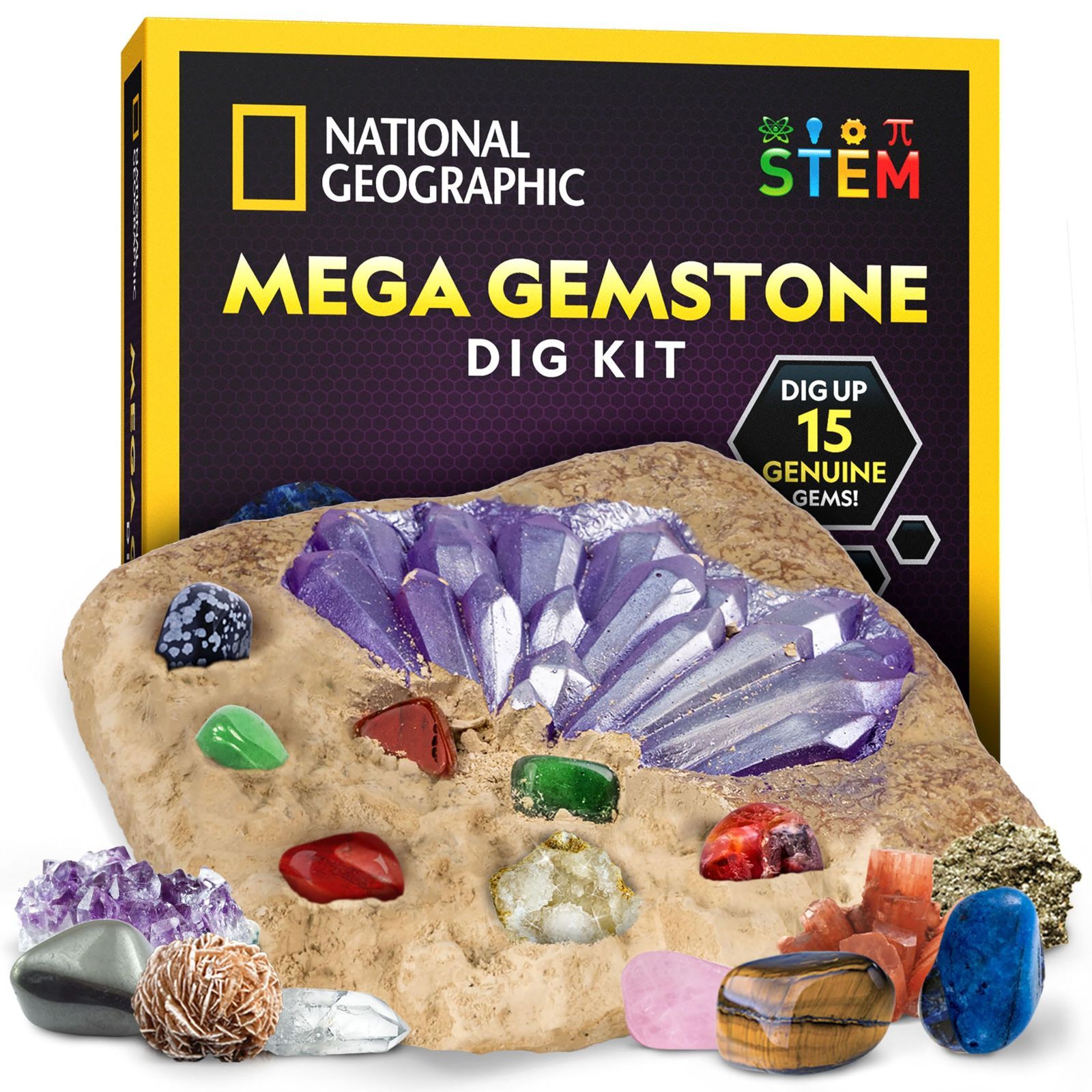 【特価セール】ナショナルジオグラフィック Mega Gemstone 発掘キット ? 15個の本物の宝石と水晶を発掘するサイエンスキット 子供用科学キット 宝石発掘キット 女の子と男の子へのプレゼントに 採掘キット 鉱物コレクション ( 限定品)