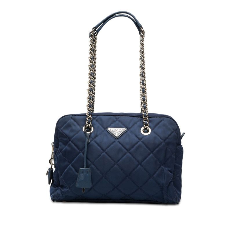 プラダ 三角ロゴプレート キルティング チェーン ショルダーバッグ ブルー ナイロン レディース PRADA【1-0269509】