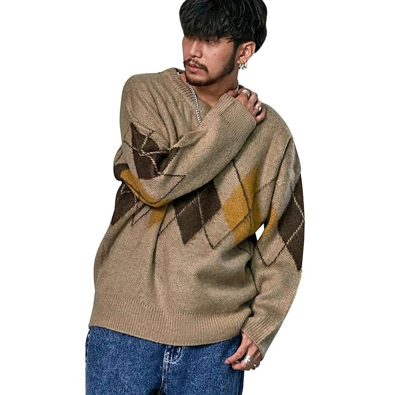 【新品】 [キャバリア] メンズ ユニセックス セーター ニット クルーネック ビッグシルエット ジャガード 総柄 CAJP22-08 46(L) E-BEG(ベージュアーガイル)