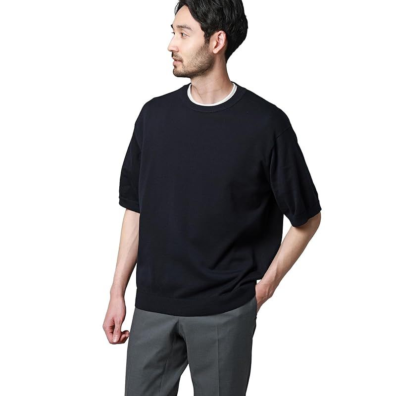 【新品】 メンズ トップス 半袖 ニット 洗える ビジネスカジュアル 通勤 クルーネック 春夏 M～L ネイビー/26SSK02UL-MA