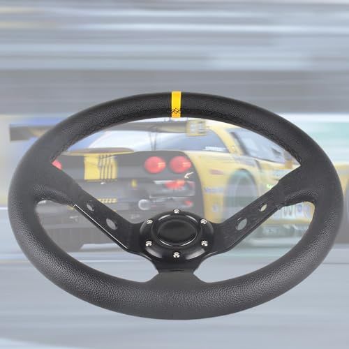 ステアリング 35φ 車用 カー ハンドル ディープコーン 直径350mm ブラックスポーク スポーツタイプ 軽量アルミニウム ライチ柄 ステアリングホイール PVC防錆 車用 ホーンボタン付き/黒送料無料 a749922c