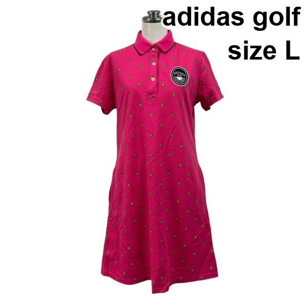◇ アディダスゴルフ adidas golf ポロワンピース 半袖 膝丈 キウイ柄 総柄 ロゴワッペン ショックピンク 綿 L 11号 レディース S6E315