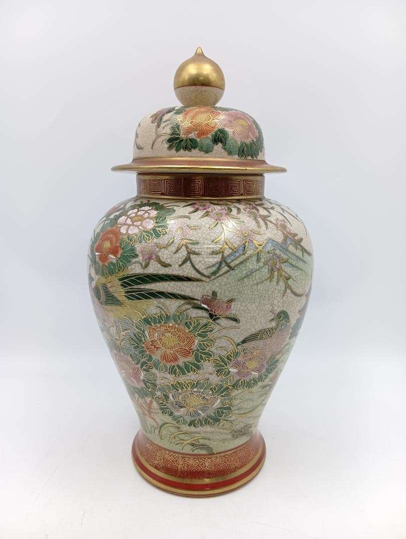 薩摩焼 蓋つき壺 高さ46㎝ 色絵金彩花鳥文様 花瓶 花器 美術品・アンティーク・コレクション 薩摩焼 蓋つき壺 高さ46㎝ 色絵