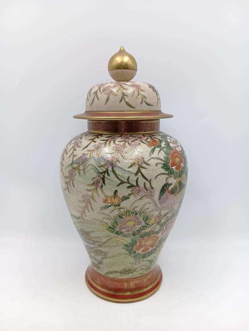 薩摩焼 蓋つき壺 高さ46㎝ 色絵金彩花鳥文様 花瓶 花器_Y
