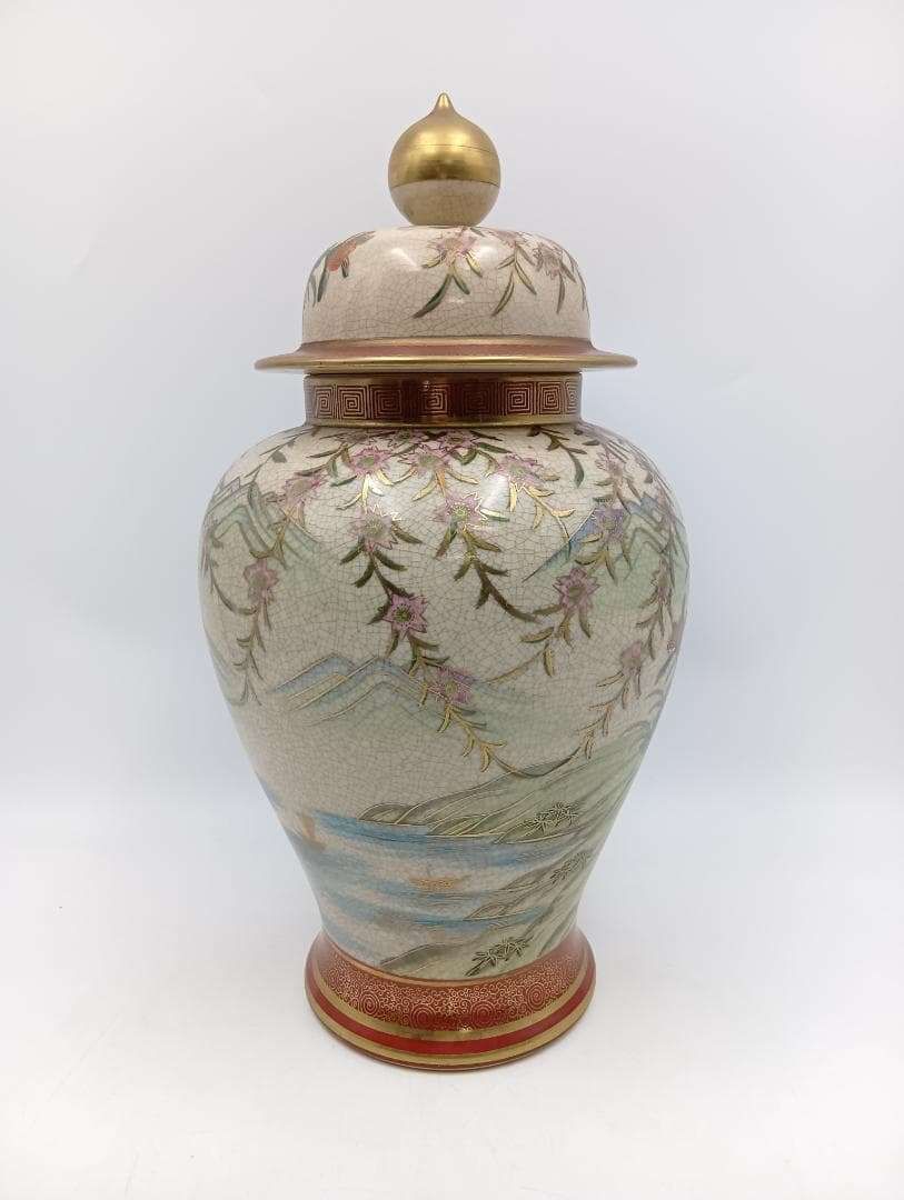 薩摩焼 蓋つき壺 高さ46㎝ 色絵金彩花鳥文様 花瓶 花器_Y