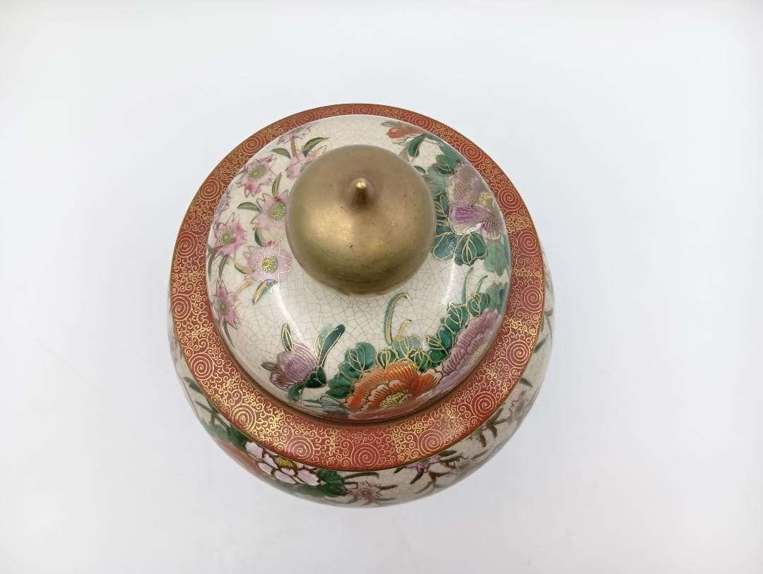 薩摩焼 蓋つき壺 高さ46㎝ 色絵金彩花鳥文様 花瓶 花器_Y