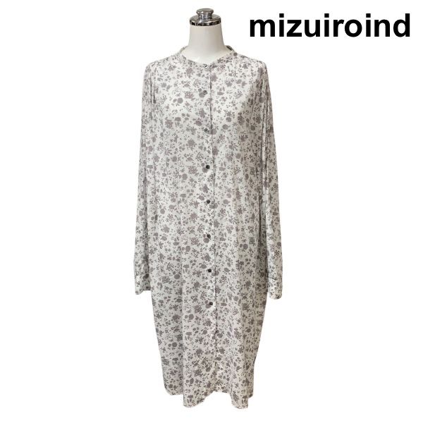 ◇ ミズイロインド mizuiroind シャツワンピース ロング 長袖 バンドカラー アシンメトリーヘム 白 グレー 綿 M～L 11号 レディース Z6C150