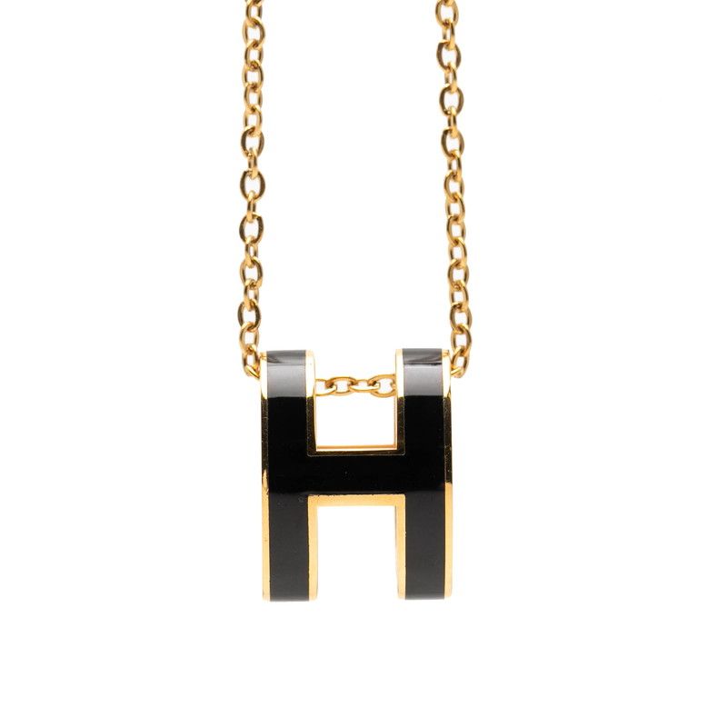 エルメス ポップアッシュH ペンダント ネックレス ゴールド ブラック メッキ エナメル レディース HERMES【1-0269334】
