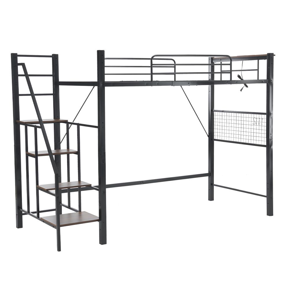 新入荷｜システムベット ロフトベッド シングル コンセント付き 収納付き 耐荷重150kg 高さ173cm 北欧風 スチールネット S型フック付きスチール 耐震 ベッド パイプベッド 【ブラック】