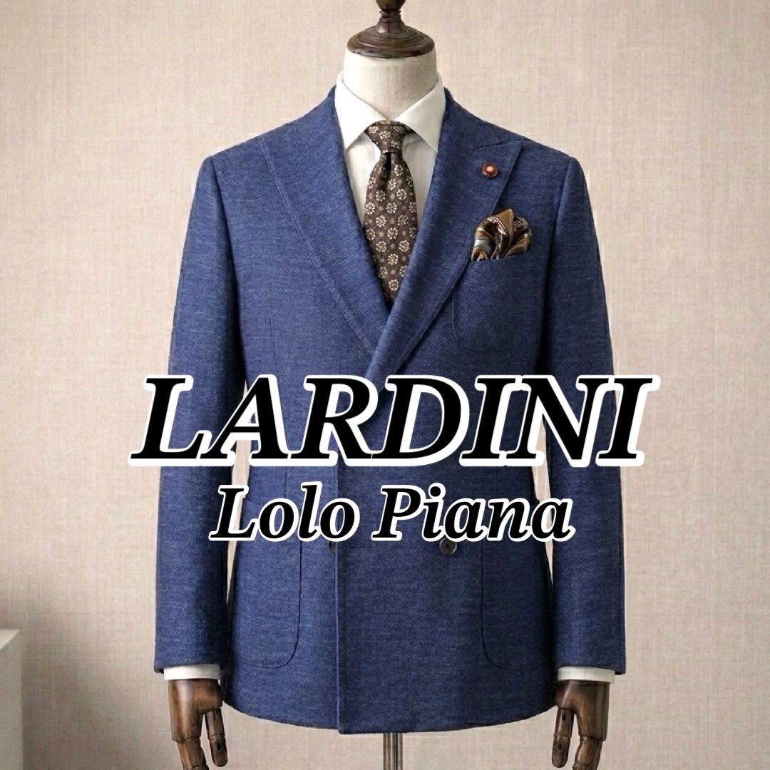 極美品 LARDINI ラルディーニ シルク リネン テーラードジャケット ネイビー ダブルブレスト 42 ブートニエール付き ピークドラペル 本切羽