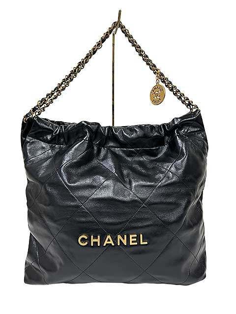 【中古】】CHANEL　シャネル 22 シャイニーカーフスキンハンドバッグ ポーチ付き ゴールドチェーン ラムレザー ココマーク ロゴゴールド金具＿s11＿セルモアから出品＿s-0470-r11