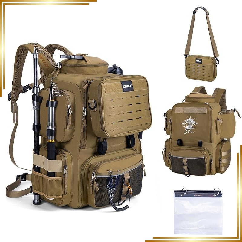 【新品】 [Goture] フィッシングリュック 釣りバッグ 58L大容量 900Dオックスフォード 撥水加工 保冷機能 着脱可能なショルダーバッグ 透明収納袋付き 拡張性 タックル収納 多機能 釣り 登山 旅行 アウトドア カーキ