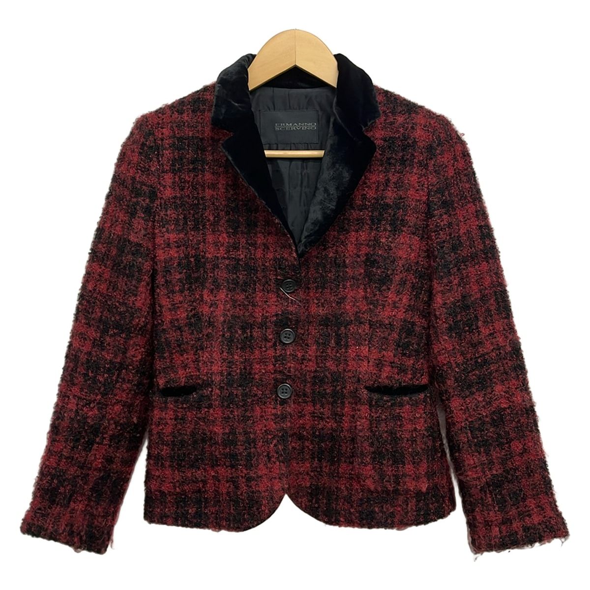 ERMANNO SCERVINO(エルマノシェルビーノ) ジャケット サイズ40 M レディース美品 レッド×黒 長袖/ベロア襟/ツイード/秋/冬