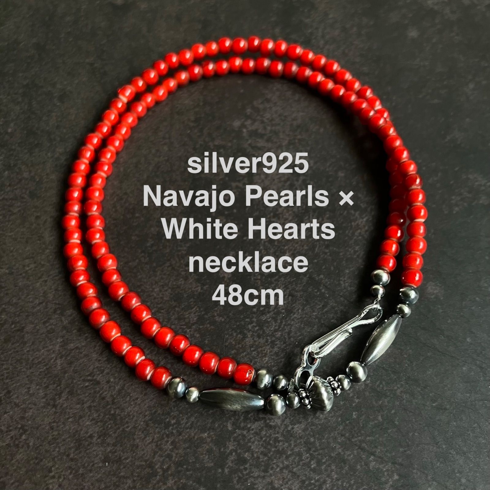 silver925ナバホパール×4mm ヴィンテージホワイトハーツのネックレス48cm Wjt?w_/##
