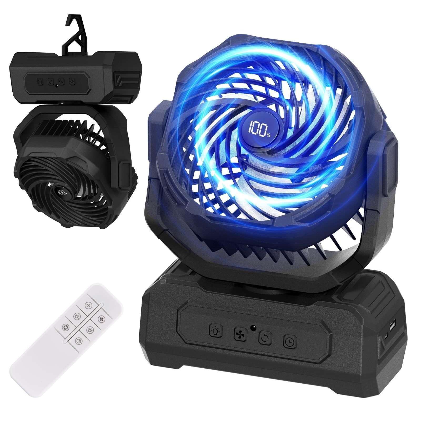 【6色LEDライト･電力量&風量LEDデジタル表示】キャンプ 扇風機 アウトドア 充電式 dcモーター コードレス 20000mAh 最大65時間連続使用 風量4段階調節 パワフル送風 自動首振り リモコン付き タイマー機能多機能 低騒音 吊り下げ サーキュ
