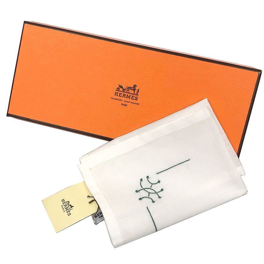 HERMES エルメス ハンカチ Hマーク 刺繍 ポケットチーフ ネッカチーフ 白 コットン 未使用 aq12901
