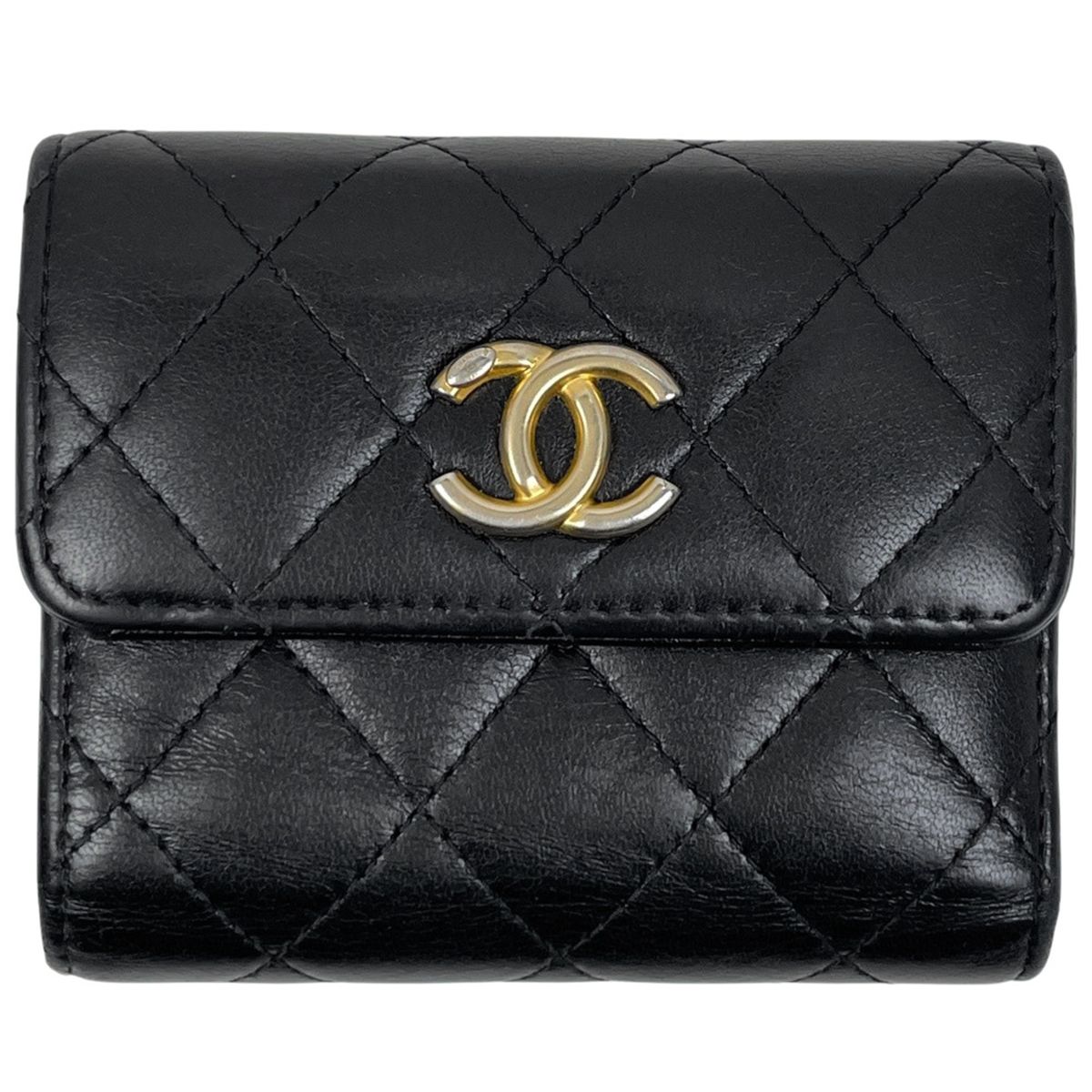 【在庫一掃】 シャネル CHANEL ココマーク 三つ折り 財布 マトラッセ 三つ折り財布 レザー ブラック レディース 【中古】