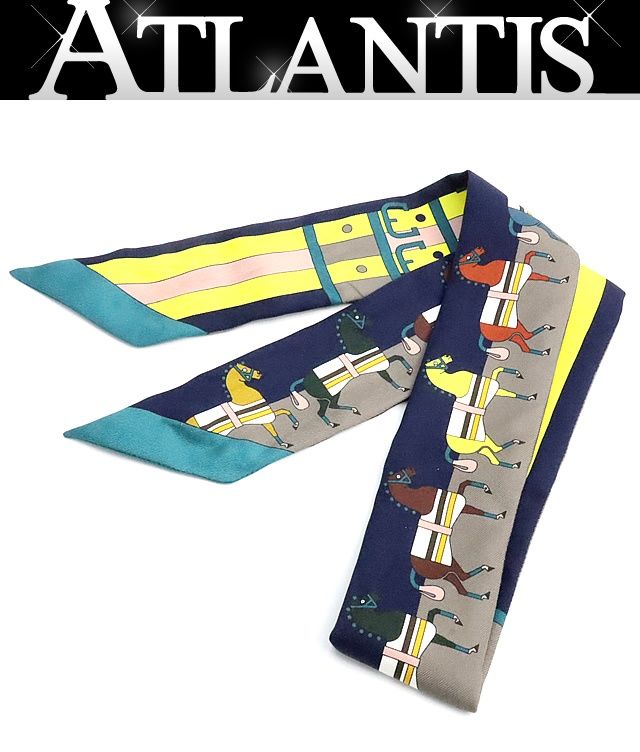 広尾店】美品 エルメス HERMES ツイリー スカーフ 馬柄 ネイビー系